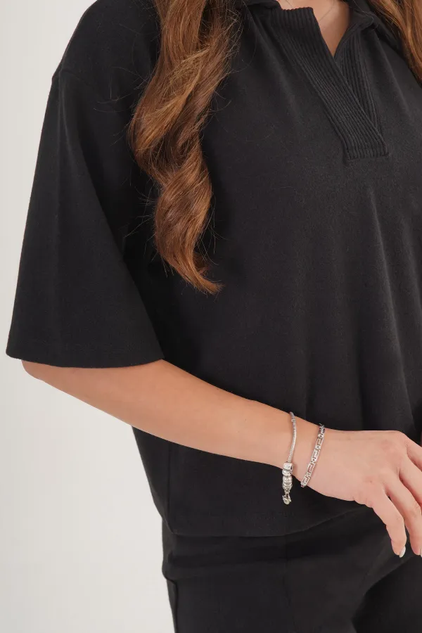 Gömlek Yaka Kısa Kol Siyah Toptan Bluz