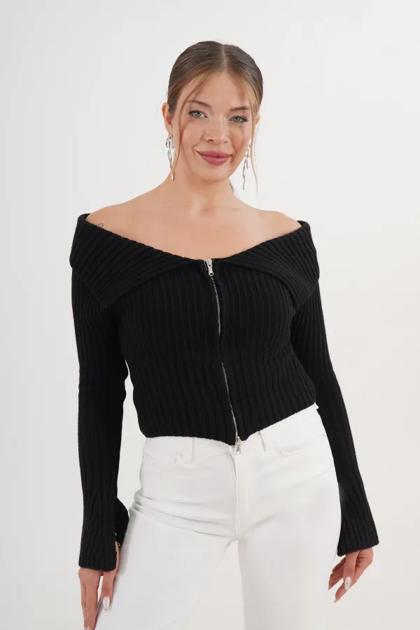 Madonna Yaka Full Fermuarlı Toptan Siyah Triko Bluz