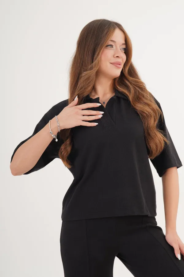 Gömlek Yaka Kısa Kol Siyah Toptan Bluz