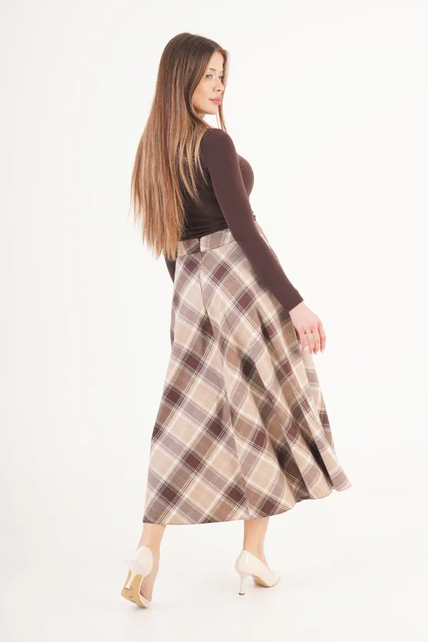 Kareli Yüksek Bel Trend Bej Toptan Etek