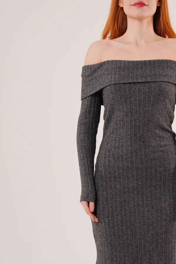 Madonna Yaka Fitilli Toptan Antrasit Triko Elbise