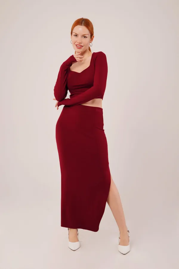 Kare Yaka Bluz Ve Yırtmaç Detaylı Etek Toptan İkili Bordo Takım