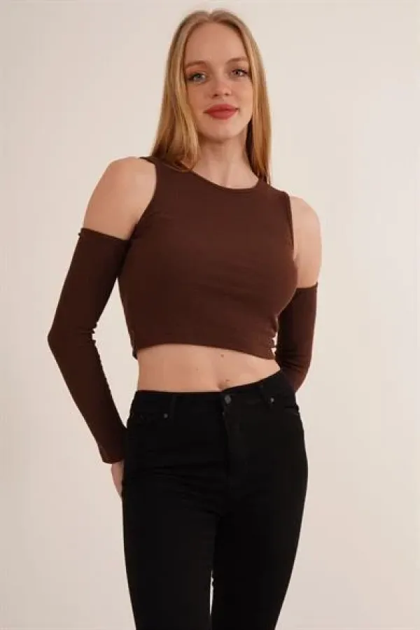 Omuz Detaylı Bisiklet Yaka Toptan Bluz Kahverengi