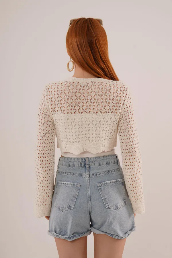 Ön Bağlamalı Ajurlu Crop Toptan Krem Hırka