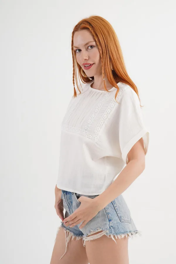 Ön Dantel Detaylı Toptan Ekru Bluz