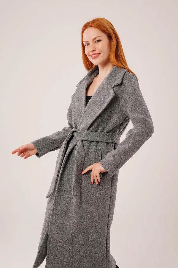 Beli Kuşaklı Astarlı Toptan Antrasit Kaşe Kaban