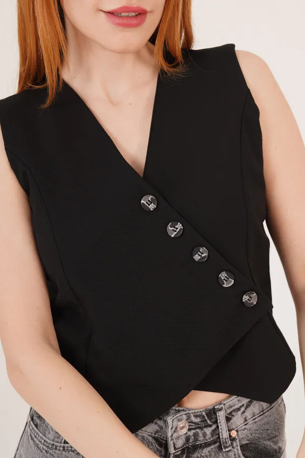 V-Neck Buttoned Triangle Cut Wholesale Black Vest