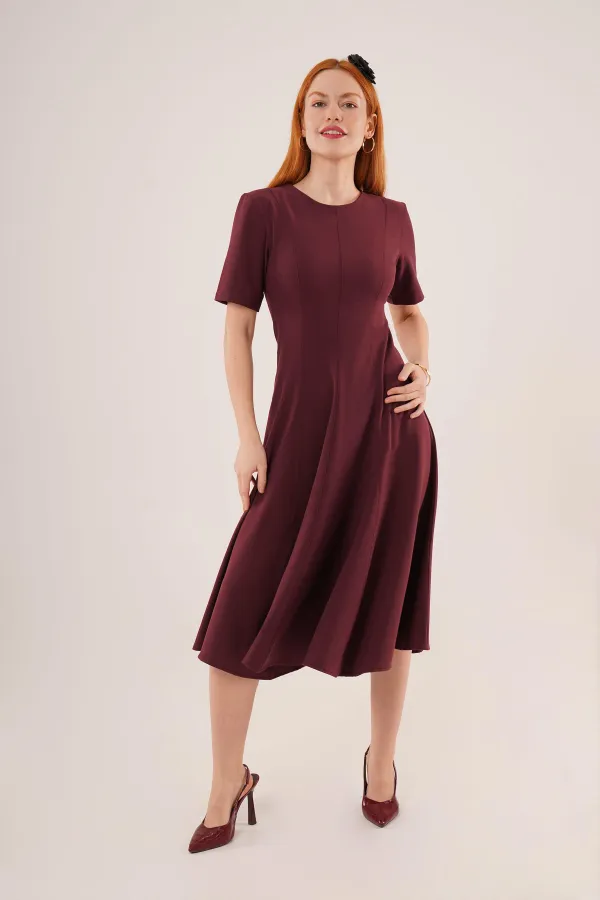 Dikiş Detaylı Kısa Kollu Toptan Bordo Uzun Elbise