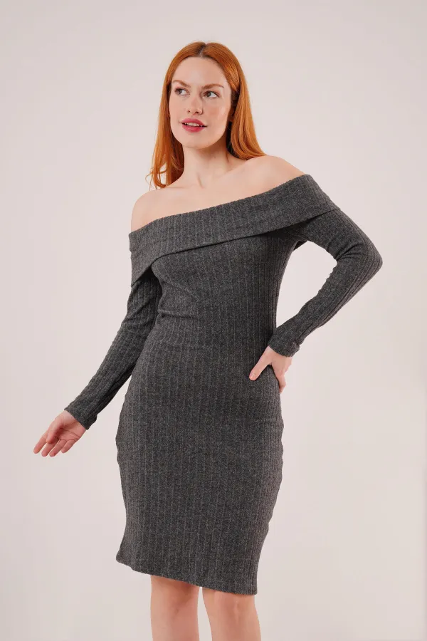 Madonna Yaka Fitilli Toptan Antrasit Triko Elbise