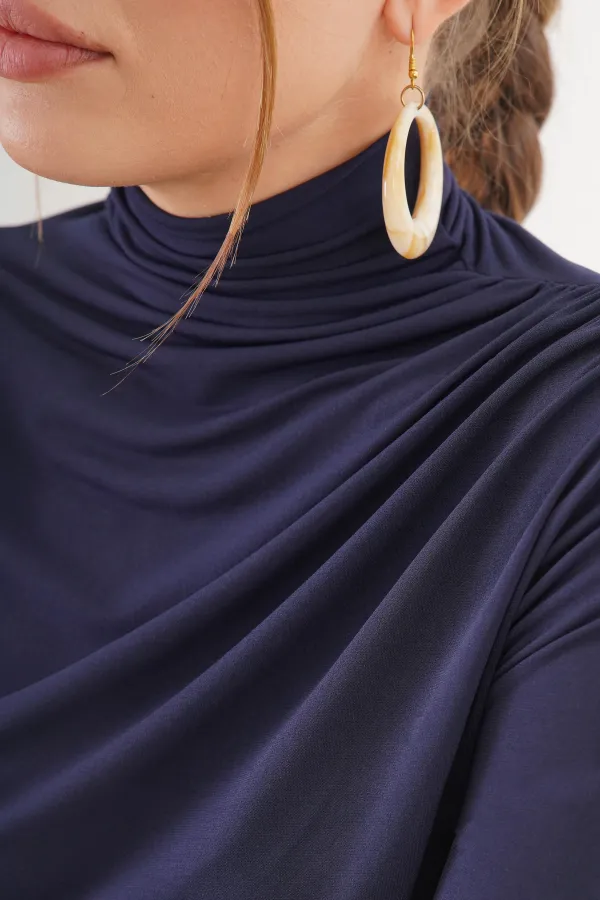 Omuz Ve Bel Büzgülü Dik Yaka Toptan Lacivert Bluz