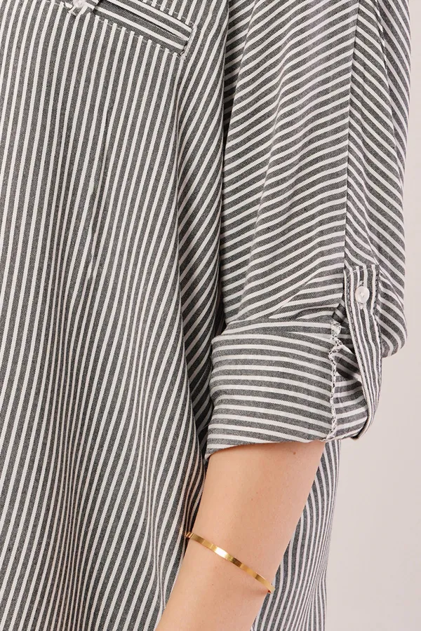 Cep Detay Gri Oversize Çizgili Toptan Gömlek