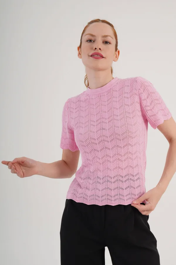 Örgü Model Kısa Kol Toptan Pembe Triko Bluz