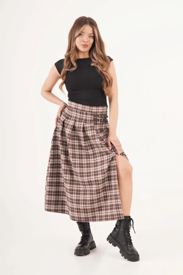 Kemer Detaylı Yan Yırtmaçlı Kahve Ekose Toptan Uzun Etek
