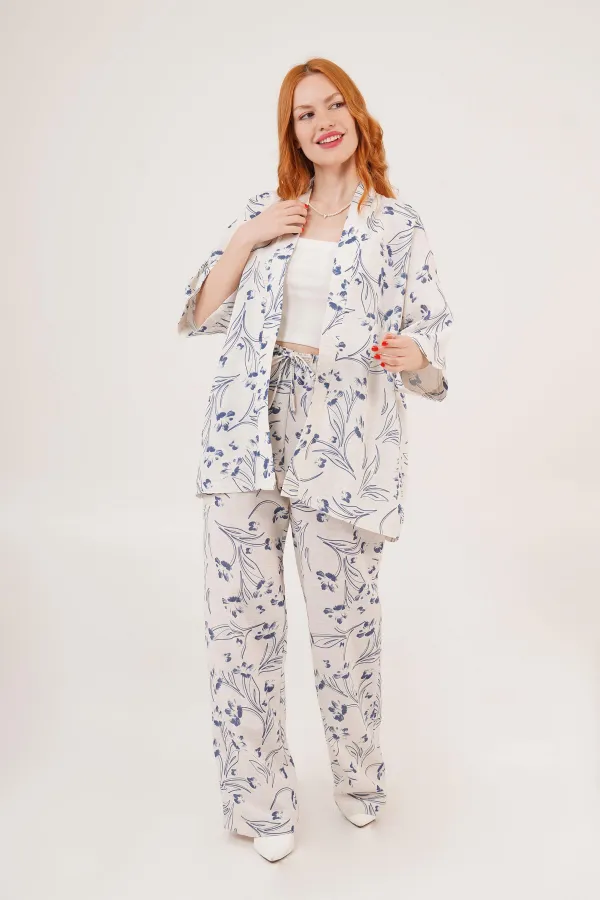 Mavi Çiçek Desenli Toptan Ekru İkili Takım