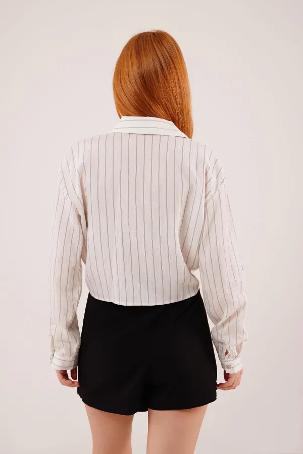 Kol Detaylı Bağlamalı Çizgili Toptan Beyaz Gömlek