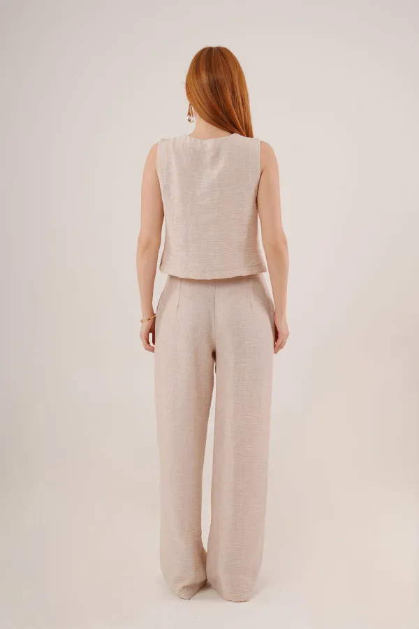 Ön Bağlama Detaylı Yelek Ve Pantolon Taş Toptan İkili Takım