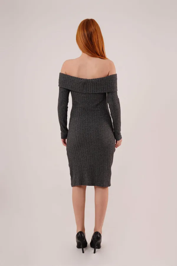 Madonna Yaka Fitilli Toptan Antrasit Triko Elbise