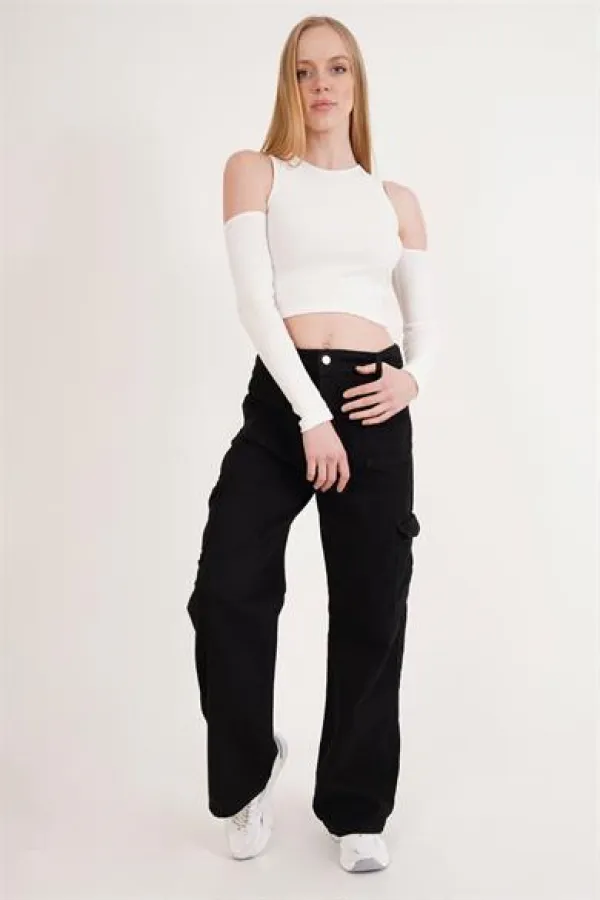 Omuz Detaylı Bisiklet Yaka Toptan Bluz Ekru