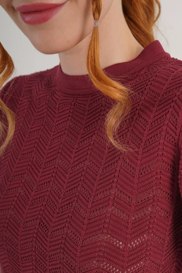 Örgü Model Kısa Kol Toptan Bordo Triko Bluz
