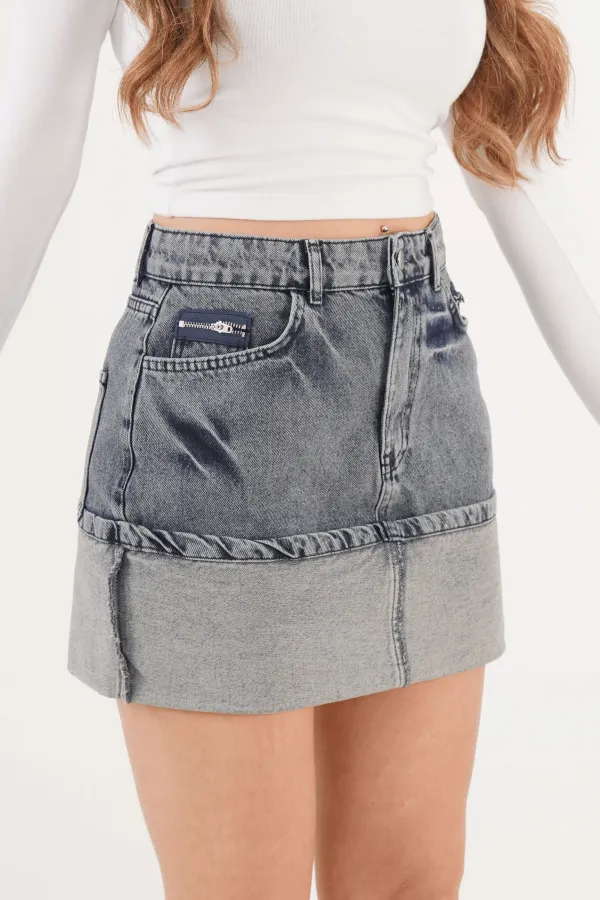 Ucu Katlama Detaylı Eskitme Mini Denim Etek