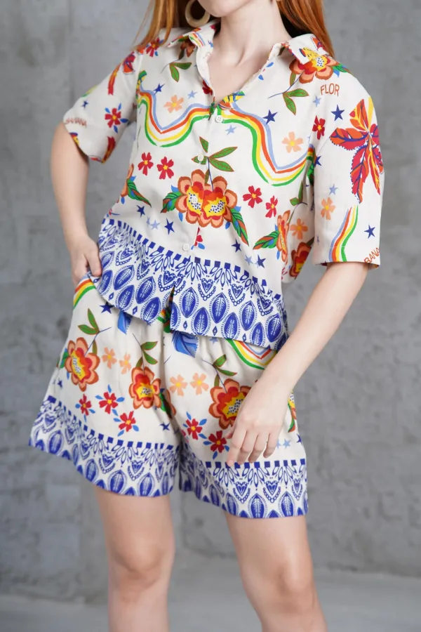 Desenli Şortlu Keten Toptan Bej İkili Takım