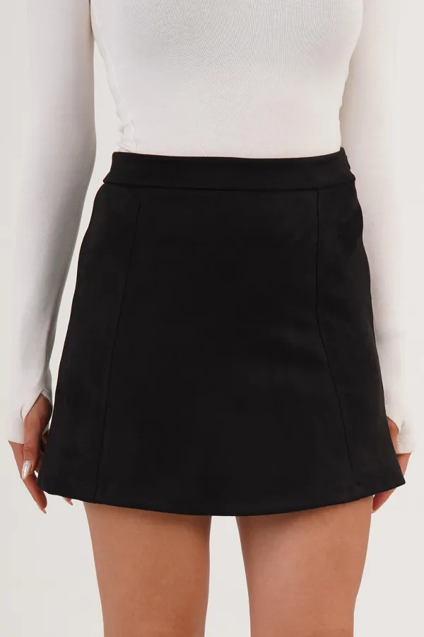 Volan Kesim Toptan Mini Süet Siyah Etek