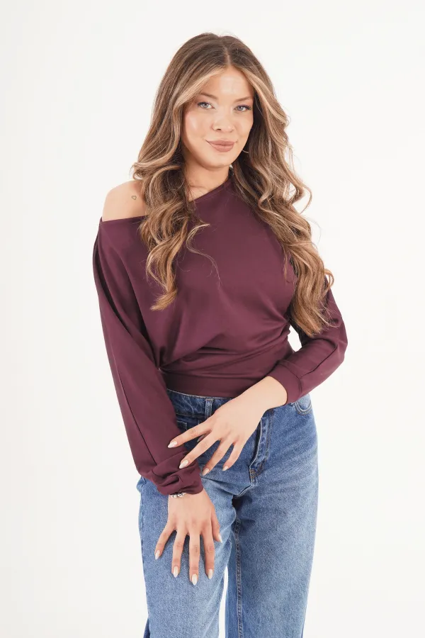 İnce Oys Kumaş Yarasa Kol Toptan Mürdüm Bluz