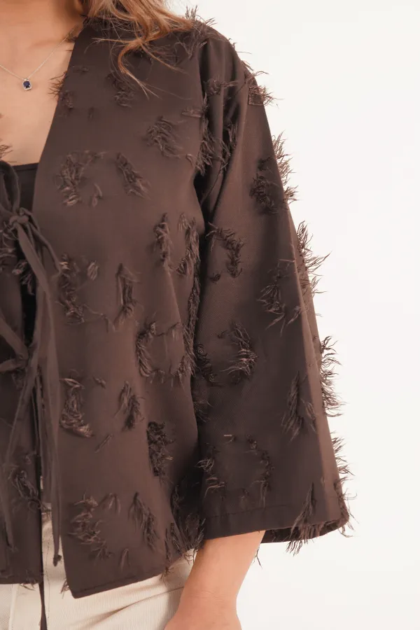 Saçaklı İp Bağlamalı Toptan Kahve Kimono