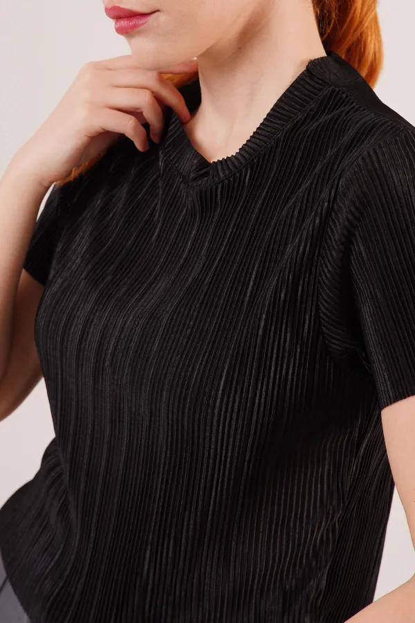 Fitilli Kısa Kollu Parlak Toptan Siyah Bluz