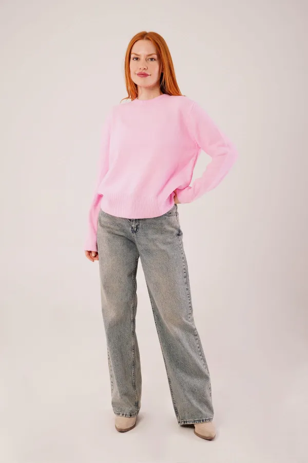 Bisiklet Yaka Düz Model Pembe Triko Toptan Kazak