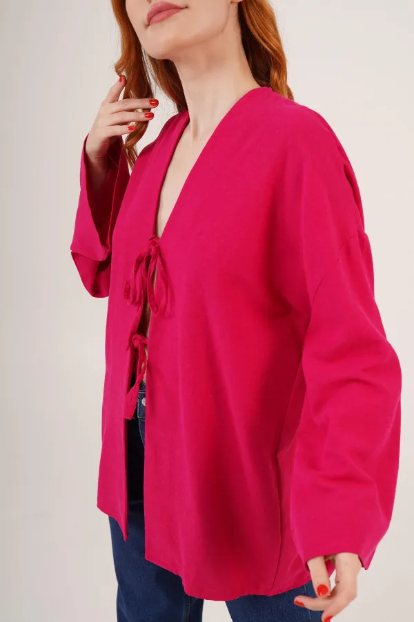 Önden Bağlama Detaylı İspanyol Kol Toptan Fuşya Tunik