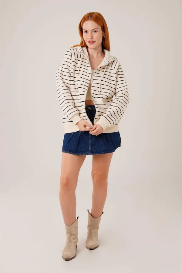 Kapüşonlu Fermuarlı Çizgili Toptan Taş Hırka