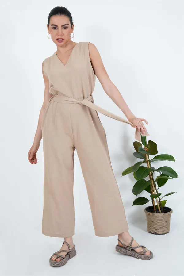 Arkası Fermuarlı Beli Kuşaklı Toptan Vizon Tulum