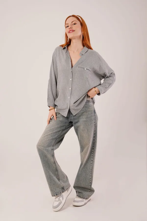 Cep Detay Gri Oversize Çizgili Toptan Gömlek