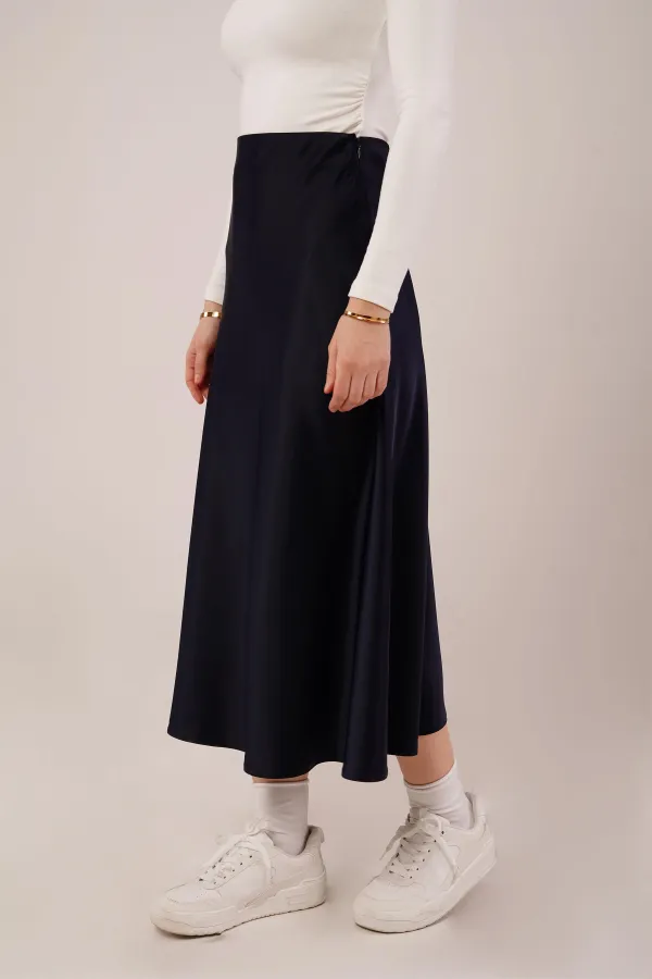 Çan Kesim Midi Lacivert Toptan Saten Etek