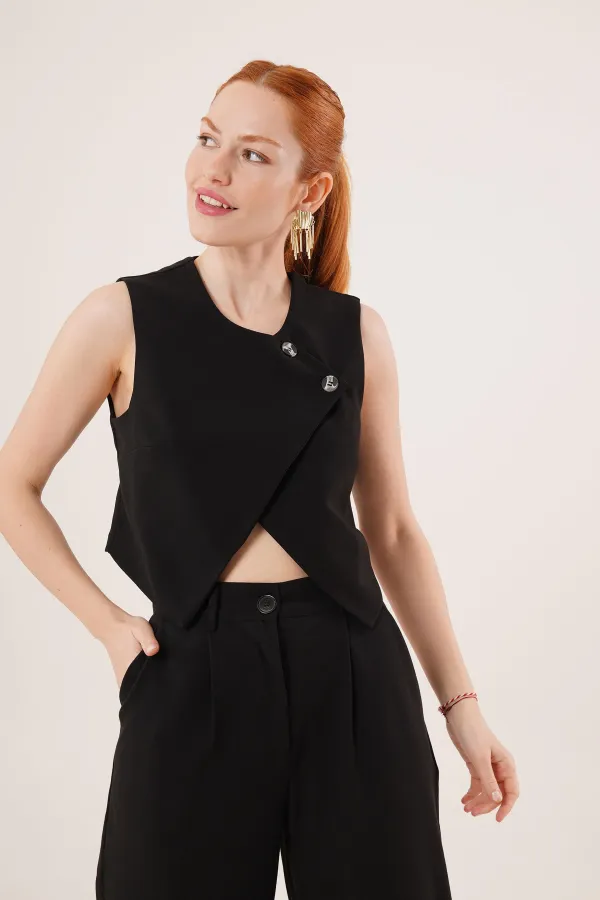 Double Buttoned Cross Model Black Wholesale Vest