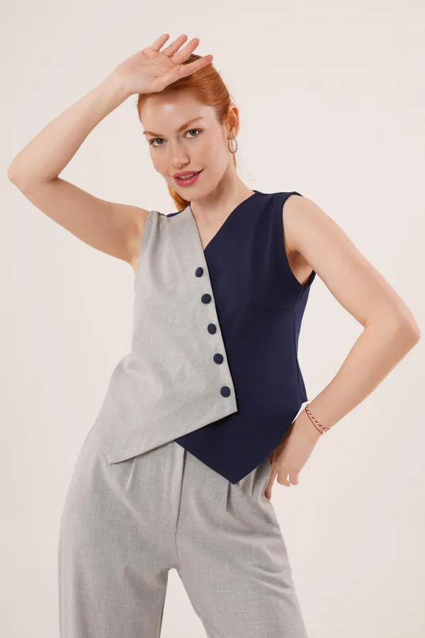 Çapraz Model Düğmeli Lacivert Toptan Yelek