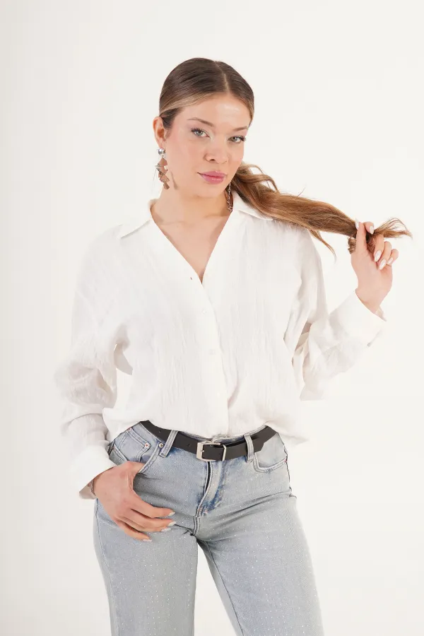 Chemise blanche drapée à col en V en gros