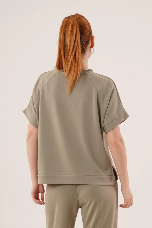 Modal Kısa Kollu Üst Ve Geniş Paça Eşofman İkili Toptan Yağ Yeşili Takım