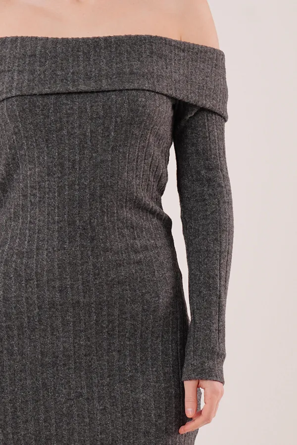 Madonna Yaka Fitilli Toptan Antrasit Triko Elbise