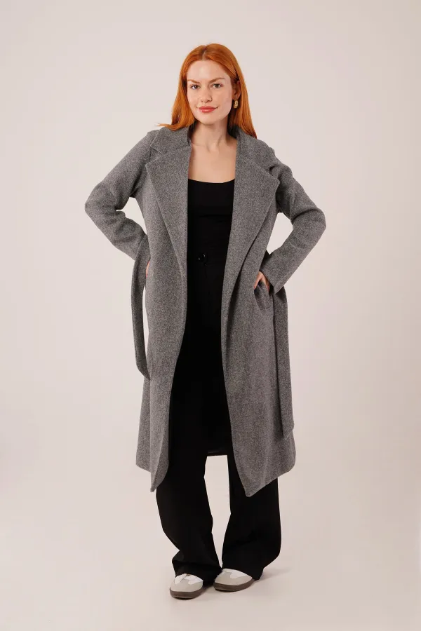 Beli Kuşaklı Astarlı Toptan Antrasit Kaşe Kaban