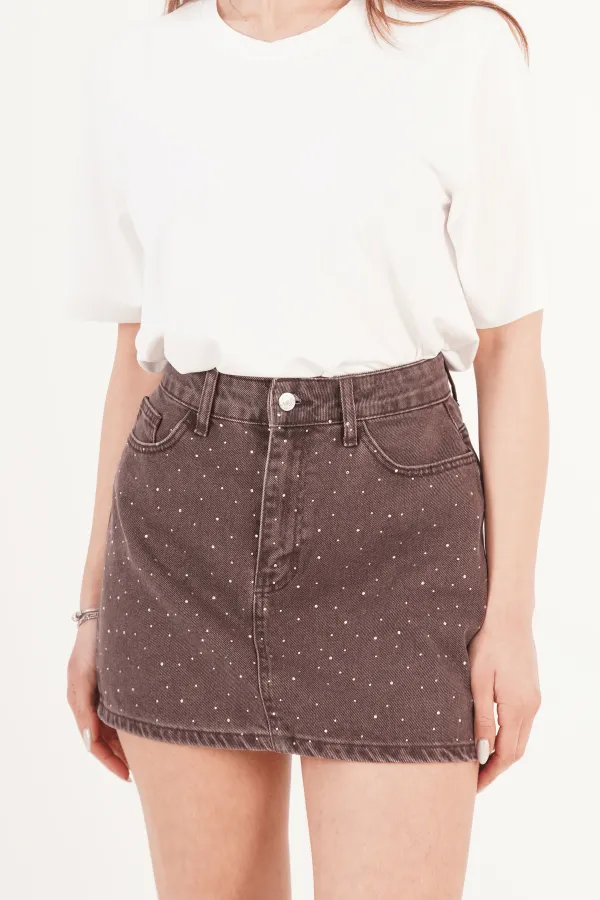 Taş İşlemeli Işıltılı Kahve Toptan Mini Denim Etek