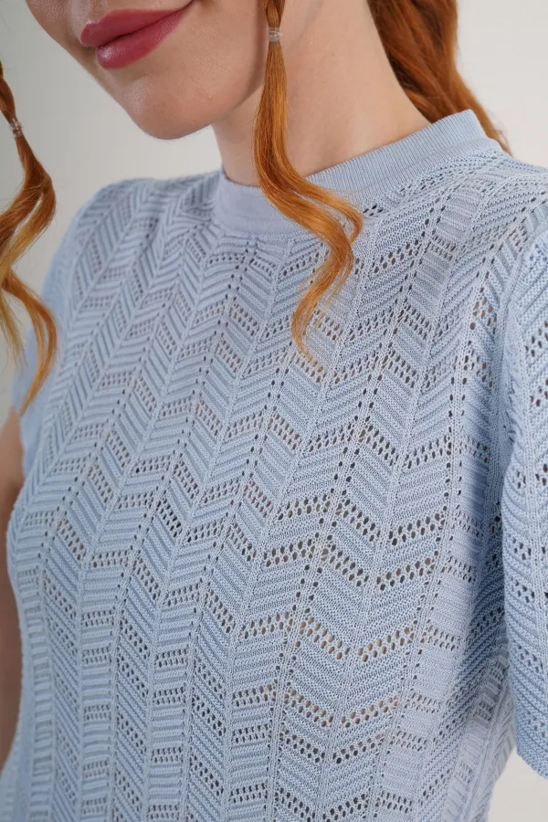 Örgü Model Kısa Kol Toptan Bebe Mavisi Triko Bluz