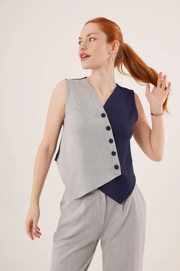 Çapraz Model Düğmeli Lacivert Toptan Yelek