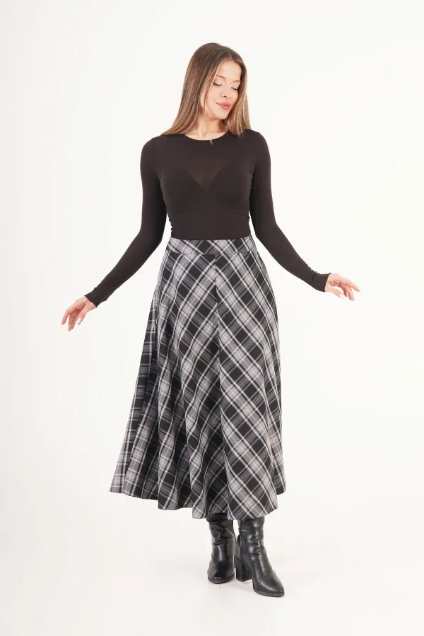 Kareli Yüksek Bel Trend Siyah Toptan Etek