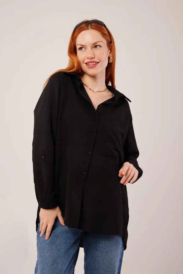 Salaş Kesim Cepli Toptan Siyah Gömlek