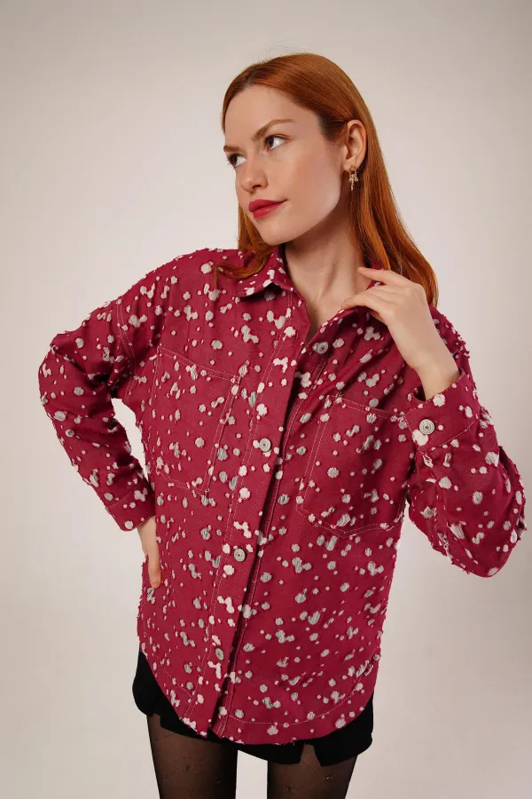 Eskitme Görünümlü Denim Toptan Bordo Gömlek