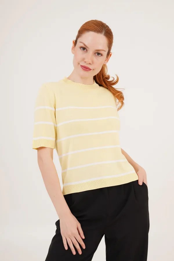 Çizgili Kısa Kol Sarı Toptan Bluz