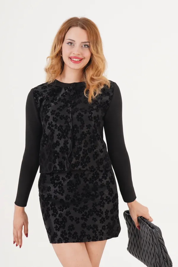 Süet İşlemeli Toptan Siyah Triko İkili Takım