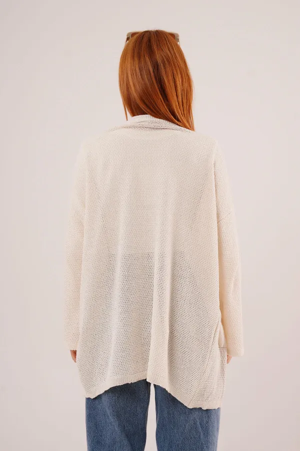 Cepli Salaş Model Triko Uzun Toptan Krem Hırka